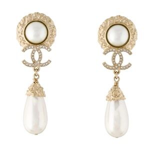 CHANEL Gold and White Pearl Drop Earrings